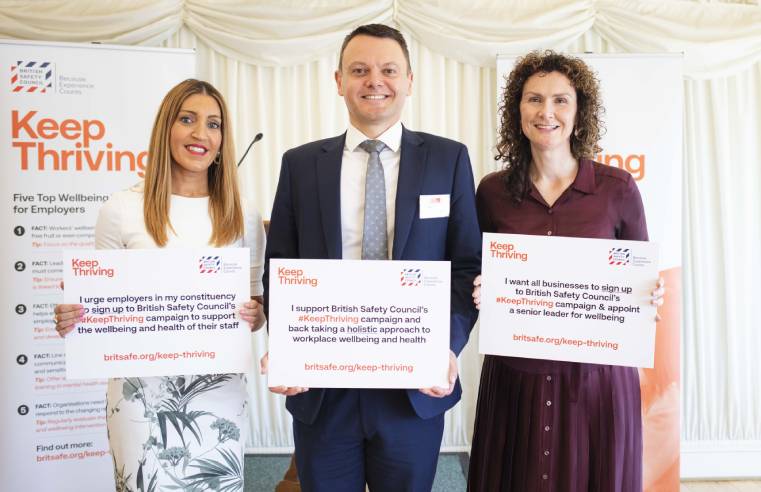 Peter McGettrick, British Safety Council Chairman, with MPs Dr Rosena Allin-Khan, Shadow Minister for Mental Health (left) and Wendy Chamberlain, Lib Dem Spokesperson on Work and Pensions (right)
